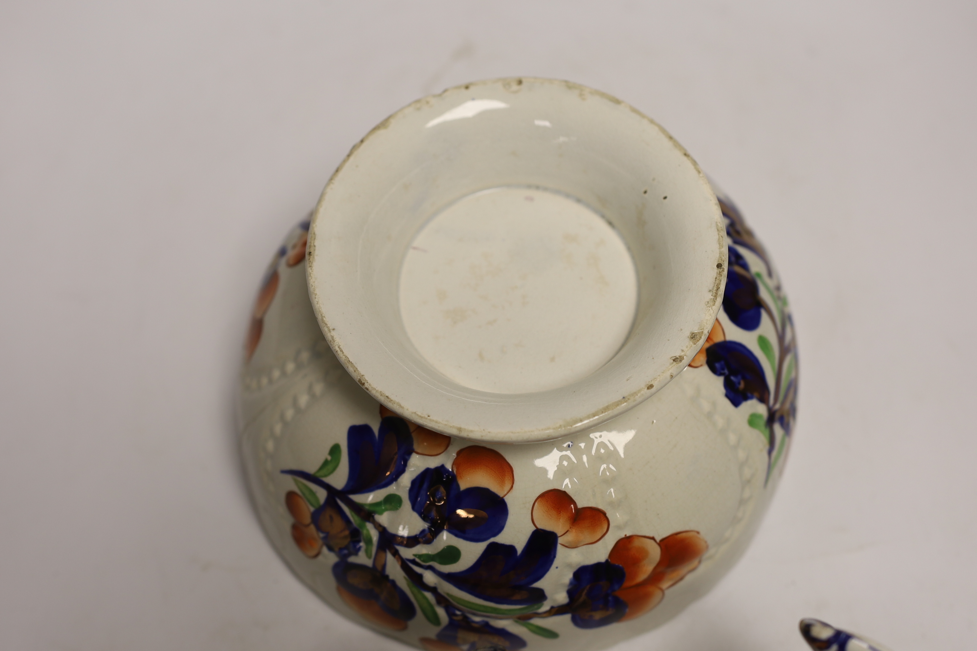 Five Welsh ‘Gaudy’ coffee cans, a large pedestal bowl and two Staffordshire jugs, bowl 21cm diameter